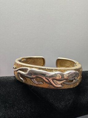 Gold & Silver Tone Panther Cuff Bracelet Hinged Textured Metal Animal Theme Vint
